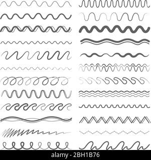 Zickzack oder gewellte Linien in verschiedenen Stilen und Variationen. Vektor Hand Zeichnung Linie Pinsel Welle und Zick-Zack-Illustration Stock Vektor