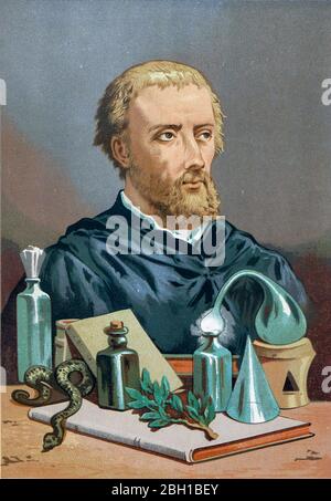 Paracelsus [Paracelso] (1493/1494. – 24. September 1541), geboren Theophrastus von Hohenheim, war Schweizer Arzt, Alchemist, Theologe und Philosoph der deutschen Renaissance. Aus dem Buch La ciencia y sus hombres : vidas de los sabios ilustres desde la antigüedad hasta el siglo XIX T. 2 [Wissenschaft und ihre Männer: Leben der illustren Weisen von der Antike bis zum 19. Jahrhundert Vol 2] von von Figuier, Louis, (1819-1894); Casabó y Pagés, Pelegrín, n. 1831 Veröffentlicht in Barcelona von D. Jaime Seix, Herausgeber, 1879 (Imprenta de Baseda y Giró) Stockfoto