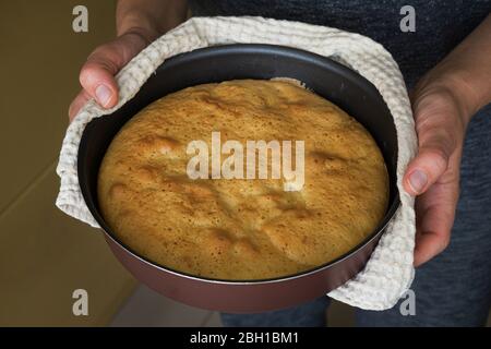 Eine Frau mit einem frisch gebackenen Kuchen. Frau legt leckeren Kuchen auf den Tisch. Die Hausfrau liefert den Apfelkuchen an den Tisch Stockfoto