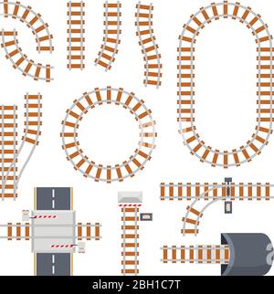 Verschiedene Zugkonstruktionen und Ansicht der Bahnstrecke von oben. Vektorkonstruktor. Teile von Eisenbahn und Eisenbahn für den Eisenbahnverkehr Illustration Stock Vektor