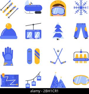 Accessoires für den Wintersport. Vektor-Symbol in flacher Form gesetzt. Illustration des Wintersports Ski und Snowboard Stock Vektor