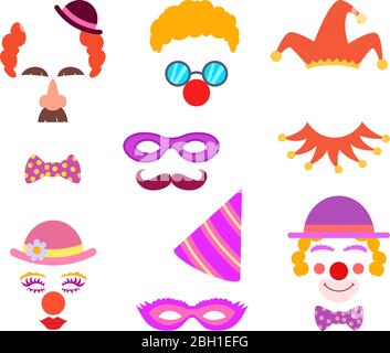 Elemente aus dem Sammelalbum. Zirkus- oder Partykostüme und Clownbrille und Haare. Clown Zirkus für Maskerade, Brille und Kostüm für Party. Vektorgrafik Stock Vektor