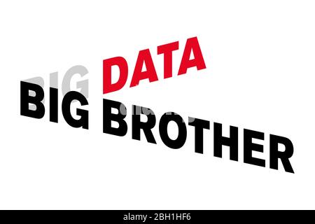 Big Data Big Brother Schriftzug. Wörter in Großbuchstaben, verzerrt und versetzt, mit einem dreidimensionalen Effekt. Rote, graue und schwarze Buchstaben. Stockfoto