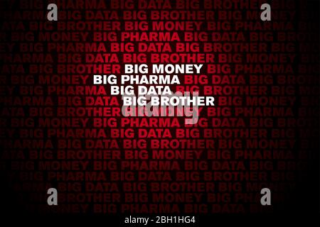 Big Pharma, Big Money, Data und Big Brother Schriftzug Hintergrund. Wörter in Großbuchstaben. Kräftige weiße und rote Buchstaben auf schwarzem Hintergrund. Stockfoto