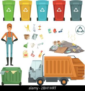 Kunststoffbehälter für verschiedene Trashes. Vektor-Illustration von Müllernter und Staubmann. Farbbehälter für Müll und Müll, Müll und Dus Stock Vektor