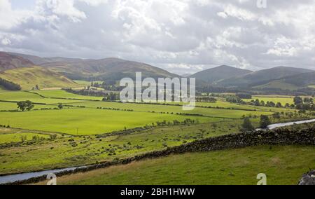 Ackerland in einem breiten Tal der südlichen Hochebenen, Scottish Borders, Schottland, Großbritannien. Stockfoto