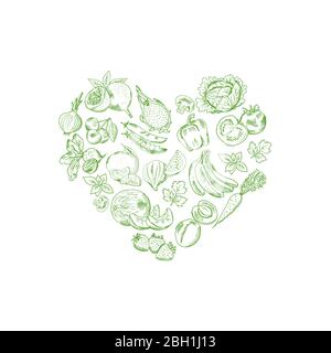 Vektor skizziert frisches Gemüse und Obst in Form von Herz-Illustration, Vegan Banner Poster Stock Vektor