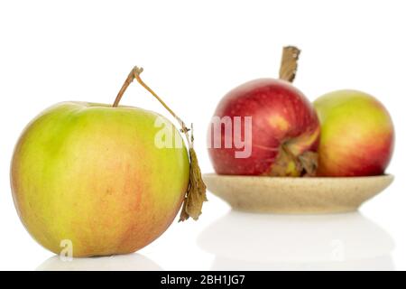 Gruppe von drei ganzen frischen Garten Apfel auf Keramikplatte isoliert auf weiß Stockfoto