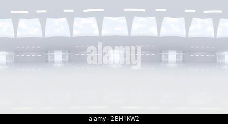Volle 360 Grad äquiquidistankturales Panorama hdri des modernen futuristischen weißen Gebäudeinneren 3D Rendering Illustration Stockfoto