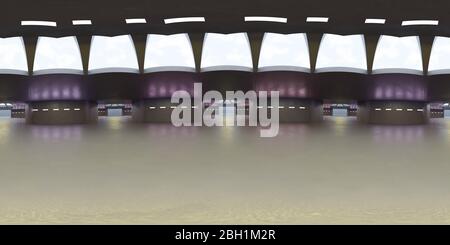Full 360 Grad equirechteckiges Panorama hdri von modernen futuristischen dunklen Gebäude Innenraum 3d Render Illustration Stockfoto
