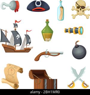 Verschiedene Symbole Satz von Piraten Thema. Schädel, Schatzkarte, Kampfschiff der korsaren und andere Objekte im Vektorstil. Illustration des Piratenschiffes, Treasu Stock Vektor