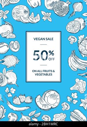 Vector vegan Shop Verkauf vertikalen Hintergrund mit handgezeichneten Obst und Gemüse. Vegetarische Lebensmittel Gemüse und Obst Illustration Stock Vektor