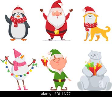 Weihnachtsfiguren im Cartoon-Stil. Santa, gelber Hund, Elf. Pinguin und Schneemann. Urlaub niedlichen Bären und weihnachtsmann. Vektorgrafik Stock Vektor