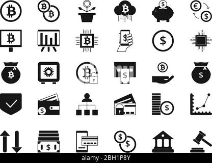 Münzen, Bitcoin, digitales Geld und andere Symbole der Finanzen. Vektor Silhouette Satz von Business-Symbole. Illustration von Bitcoin Währung, Geld Kryptowährung Stock Vektor