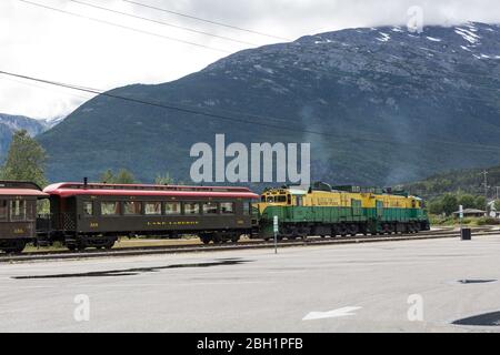 Alaskan White Pass Railway in Skagway, Alaska. Wird für den Klondike Gold Rush auf der White Pass und Yukon Route verwendet Stockfoto