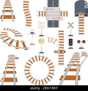 Verschiedene strukturelle Elemente der Eisenbahn. Vektor-Kollektion im Cartoon-Stil. Strassenbahn für Bahn, Eisenbahnstrecke Illustration Stock Vektor