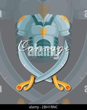 Vektor Fantasy Cartoon Stil Spiel Design mittelalterliche gekreuzte Säbel und Brustschild Elemente mit Schriftzug und Schatten Illustration Stock Vektor
