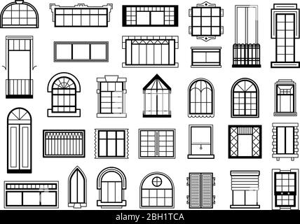 Vektor-Illustrationen mit verschiedenen Silhouetten von Fensterrahmen gesetzt. Fensterrahmen Silhouette für Haus oder Haus, Bau Fenster architektonischen cl Stock Vektor