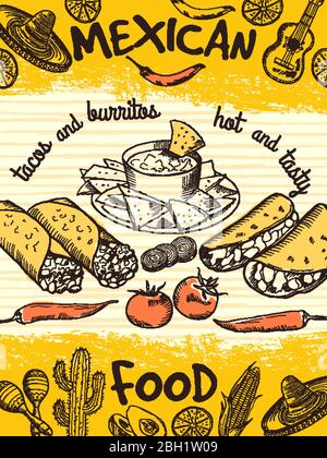 Design Vorlage Poster mit mexikanischen Essen. Vintage Banner mexikanische Küche, Restaurant Banner Flyer. Vektorgrafik Stock Vektor