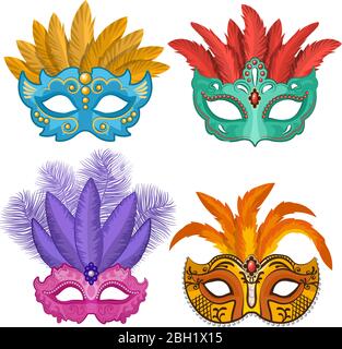 Farbige Bilder von Karneval oder Theatermasken mit Federn. Vektor-Illustrationen im Cartoon-Stil gesetzt. Karneval und Maskenkostüm Maske, venezianisch Stock Vektor