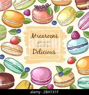 Poster mit farbigen Abbildungen von Makronen. Hintergrund mit Lebensmittelbildern und Platz für Ihren Text. Macaroon farbigen Kuchen Schokolade lecker vecto Stock Vektor