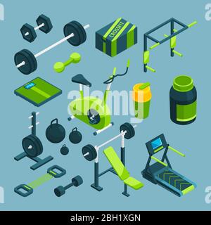 Verschiedene Geräte für Bodybuilding und Krafttraining. Fitness-Zubehör für Krafttraining und Bodybuilding, Sport, Langhantel und Hantel. Vektor-Abb. Stock Vektor