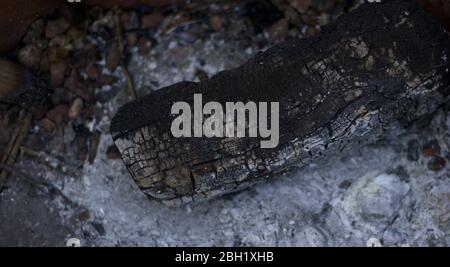 Altes Stück verkohltes Holz mit grauer Asche unten Stockfoto