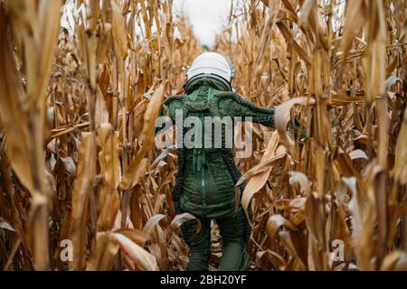 Junger Raumfahrer, der durch das Maisfeld läuft Stockfoto