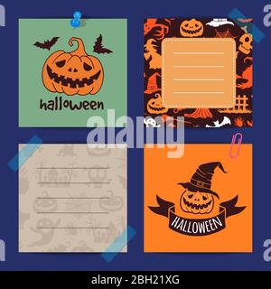 Vektor halloween Notizen Set Vorlage mit Hexen, Kürbisse, Geister, Spinnen Silhouetten Illustration Stock Vektor