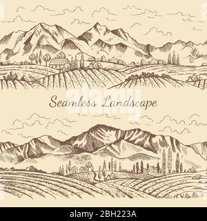 Nahtlose Bilder von Naturlandschaft. Illustrationen zu Weinbergen oder Landschaften. Vector Weinberg und Berg, Natur Feld Landschaft Stock Vektor