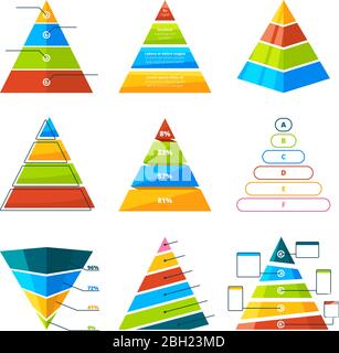 Set aus verschiedenen Dreiecken und Pyramiden mit Ebenen. Vektorsymbole für Infografik. Sammlung von Pyramidendiagramm Dreieck, Diagramm und Diagramm Vorlage Stock Vektor