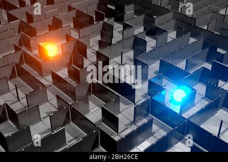 Dreidimensionale Darstellung von blauen und orange leuchtenden Kugeln in leerem Labyrinth verloren Stockfoto