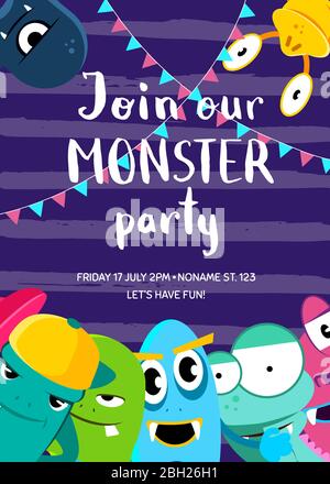 Vektor Monster Party Einladung Poster mit Menge von niedlichen Monstern und Girlanden auf Streifen Hintergrund. Einladung zur Party mit Monster Illustration Stock Vektor