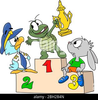 Cartoon Tiere auf Podium Schildkröte hält den Champion Cup in seinen Händen Vektor-Illustration Stock Vektor