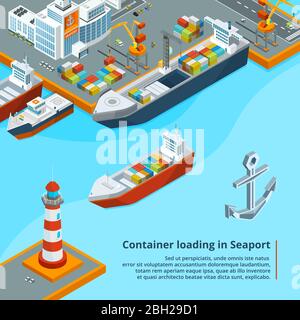 Trockenfrachtschiff mit Containern. Maritime Industriearbeit. Isometrische Abbildungen. Schiffsverkehr im Seehafen, isometrischer Frachttransport Stock Vektor