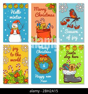 Weihnachtseinladungskarten. Vektorgrafiken im handgezeichneten Stil. Weihnachtsposter und Banner Gruß Weihnachten Stock Vektor