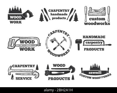 Etiketten für Holzbearbeitung. Monochrome Illustrationen mit Tischlerwerkzeugen. Vektor-Emblem Werkstatt, Logo Tischlerei handgefertigt Stock Vektor