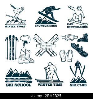 Etiketten Set für Club of Skifahrer. Silhouette der Skisportler. Symbole des Wintersports für Logos Design. Ski Sport Club Abzeichen, Stick und Snowboard illustrr Stock Vektor