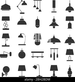 Silhouette der modernen Innenausstattung. Kronleuchter, Lampen auf Schreibtisch und Boden. Schwarze Vektorgrafiken von Symbolen der Lampe für Schreibtisch oder Boden, Stock Vektor