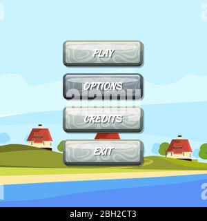 Vektor Cartoon Stil wellig aktiviert und deaktiviert Tasten mit Text für Spiel-Design auf friedliche Landschaft mit Häusern und Himmel Hintergrund Illustration Stock Vektor