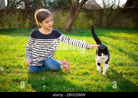 Portrait von kleinen Mädchen auf einer Wiese mit Mini-Tablet streichelende Katze sitzen Stockfoto