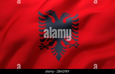 Flagge Albaniens im Wind. Ganze Seite albanische Flagge. 3D-Darstellung. Stockfoto