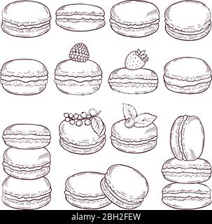 Handgezeichnete Illustrationen der pariser Küche. Köstliche Makronen mit verschiedenen Geschmacksrichtungen. Makronen süßer Keks, französischer Keks Vektor Stock Vektor