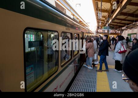 Die Transitplattform zur Hase Station von Kamakura Station. Tokio, Japan Februar 11,2020 Stockfoto