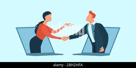 Vektor eines Geschäftsmannes und einer Geschäftsfrau, die online mit Zustimmung und Händeschütteln kommunizieren. Stock Vektor