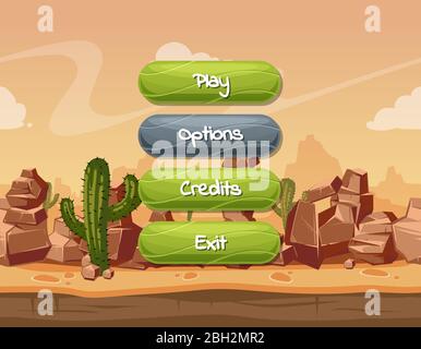 Vektor Cartoon Stil wellig aktiviert und deaktiviert Tasten mit Text für Spiel-Design auf orange Felsen, Himmel und Kaktus Wüste Landschaft Hintergrund. Taste p Stock Vektor