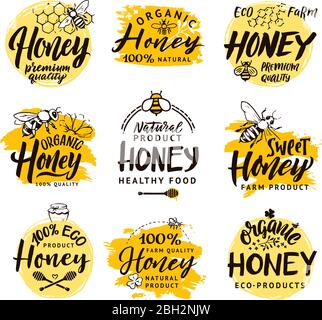 Vektor Hand gezeichnete Wörter und Buchstaben. Logo-Set für Honigprodukte. Honig süß Etikett, Bio-Bienenzucht Bauernhof Logo Illustration Stock Vektor