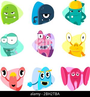 Niedliche Cartoon Avatare und Symbole. Monster Faces Vektor gesetzt. Sammlung von Gesicht Monster Illustration Stock Vektor