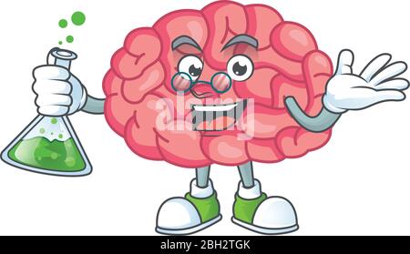 Gehirn Genie Professor Cartoon Charakter hält Glasröhre Stock Vektor