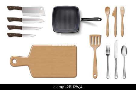 Set von Küchenutensilien oder Kochgeschirr Mockup isoliert auf weiß. Küchenpfanne zum Kochen von Lebensmitteln, Küchenbesteck und Teller, Messer, Geschirrschablone Stock Vektor